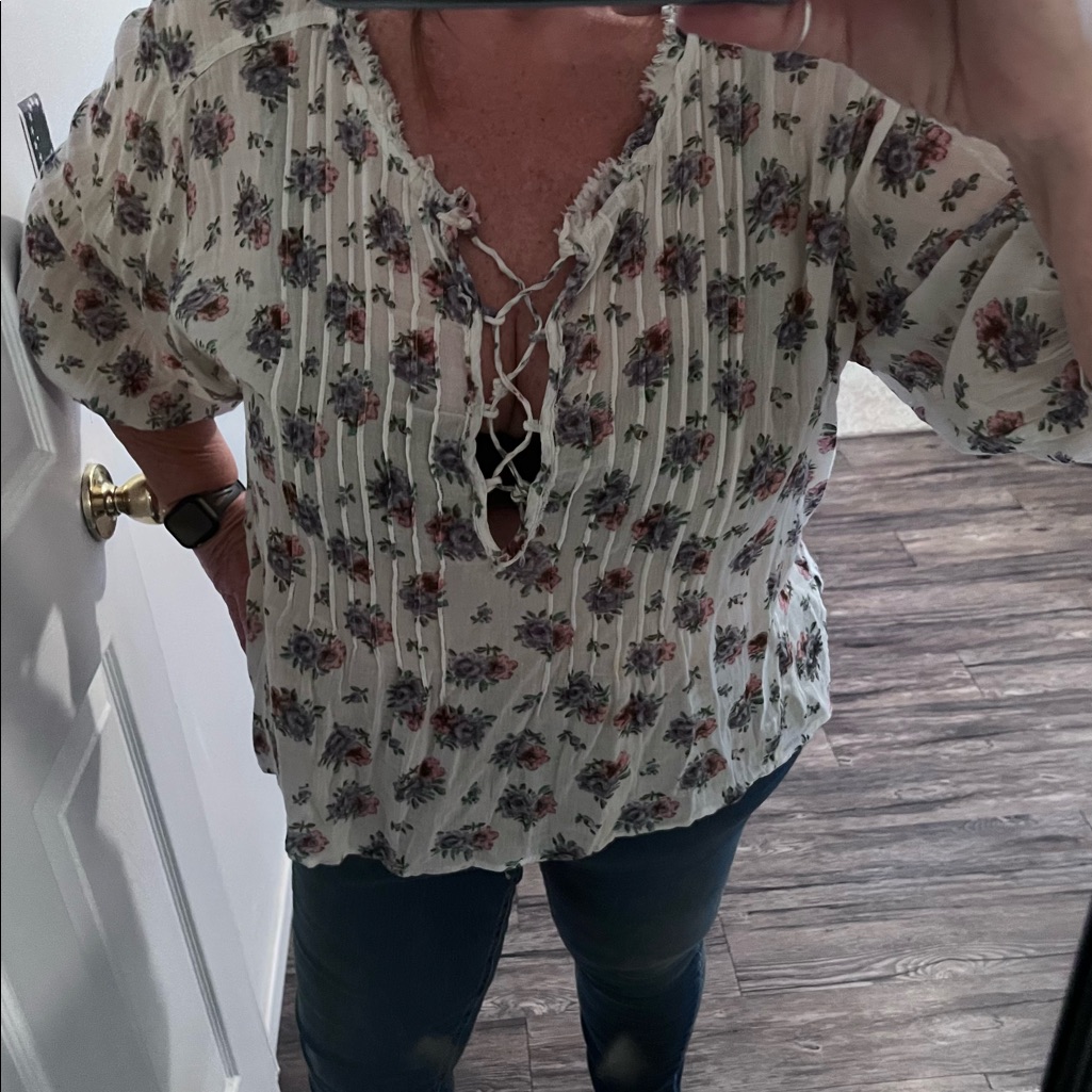 Denim & Supply Ralph Lauren, Gauzy Type, White Floral, Lace-Up Blouse